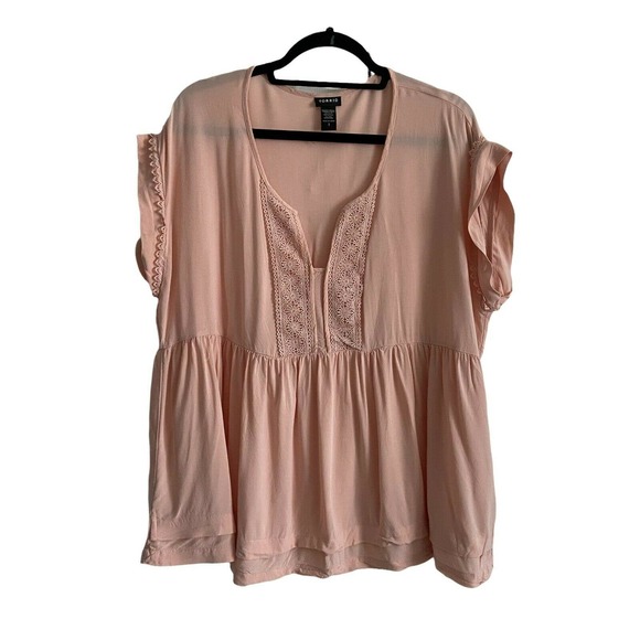 torrid Tops - Torrid Vanity Size 1 Baby Doll Blouse Pink Cap Sleeve Eyelet Notch Neckline EUC